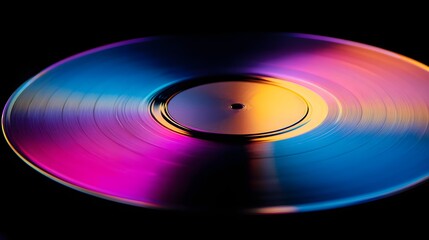 Grooved disc reflects vibrant neon lights in close up  shot