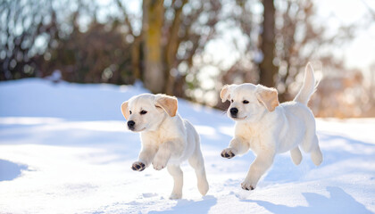 Retriever winter snow golden golden retriever dog pet animal cold nature outdoor happy playful puppies running in bright snowy landscape