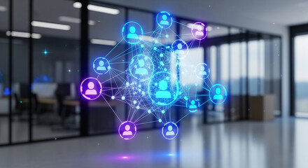 Digital network of interconnected people displayed within a modern empty office space