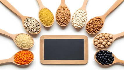 Healthy organic spices and herbs with dry lentils in wooden spoons are isolated on a white background, featuring a closeup of natural raw ingredients like pepper seeds and brown cereal grains
