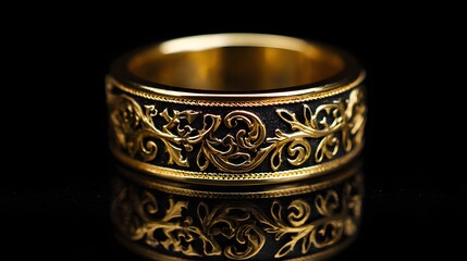 Ornate gold band displays intricate black enamel floral scrollwork against a deep black background