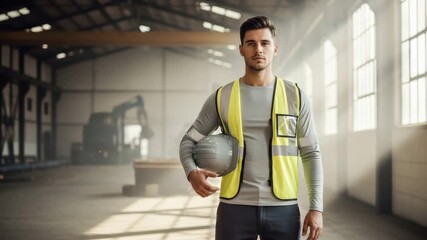 A male construction worker stands in a warehouse holding a helmet in his right arm