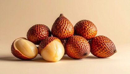 Peeled and unpeeled salak (snake fruit) arranged neatly on a clean matte beige surface, sharp texture detail modern minimalist food photography