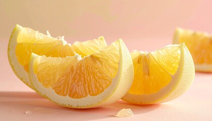 Indonesian pomelo segments arranged aesthetically, translucent pulp texture, pastel background