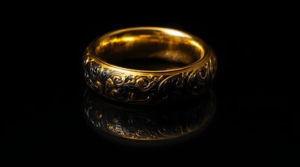 Ornate golden band showcases intricate dark scrollwork against a deep black background.