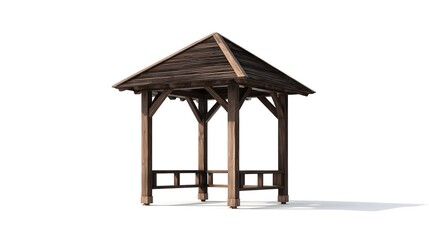 Wooden structure with a pitched roof offers shelter in an isolated setting