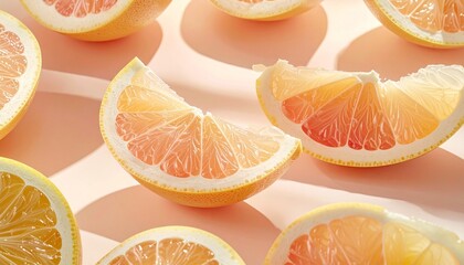 Indonesian pomelo segments arranged aesthetically, translucent pulp texture, pastel background