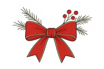 Red christmas bow with pine branch and red berries, festive holiday decoration, isolated transparent background