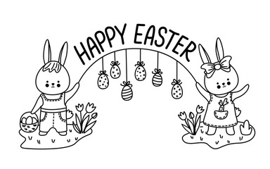 Whimsical Easter vector illustration with two bunny characters holding a garland of hanging eggs and tulips beneath the 