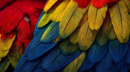 Obraz premium Brilliant tropical avian plumage displays overlapping layers of vibrant red, yellow, and blue