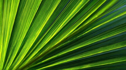 Obraz premium Vibrant green palm frond displays radiating lines illuminated by bright sunlight.