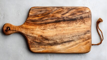Rectangular wooden serving board with handle rests on a light textured surface