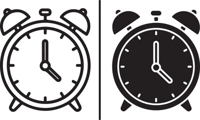 Obraz premium A classic twin-bell alarm clock icon presented in both outline and solid black styles isolated on white background, Vector, illustration