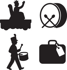 Silhouettes of parade elements including a marching drummer, a royal figure on a float, and musical instruments isolated on white background, Vector, illustration