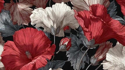 Richly colored botanical illustration features large flowers with fine line detail against a dark background