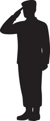A black silhouette illustration of a man in uniform performing a respectful military salute. isolated on white background, Vector, illustration