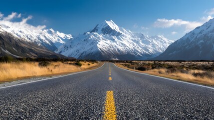 Open asphalt road extends towards majestic snow-capped mountains under a bright blue sky