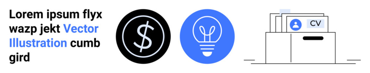 Finance, innovation, recruitment, business planning, professional growth, creative solutions. Dollar sign, light bulb and CV document folder icons. Finance and innovation concepts