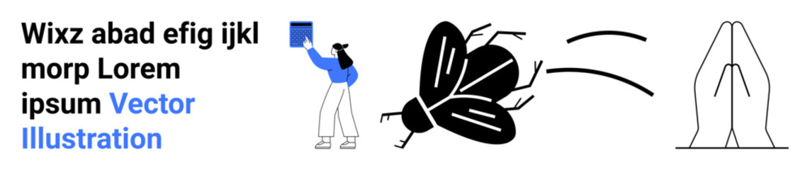 Knowledge, religion, action, nature, spirituality, mindfulness. A person holding a book, a flying insect and praying hands in linear style. Knowledge and spirituality in this composition © robu_s