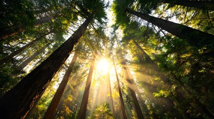 Sunlight streams powerfully through the high canopy of a dense evergreen forest