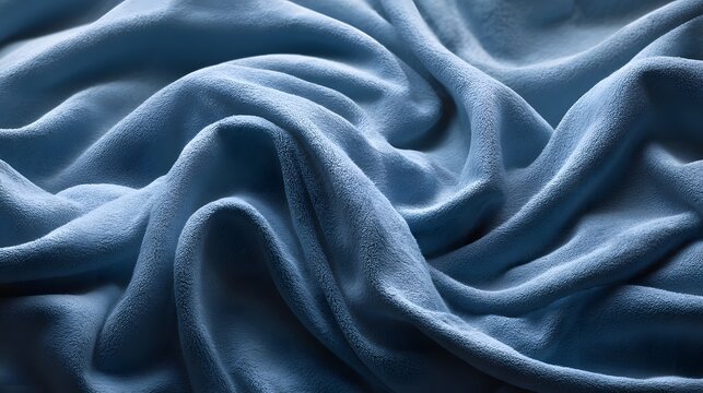 Close up texture of softly draped, dusty blue plush fabric features deep folds and subtle sheen