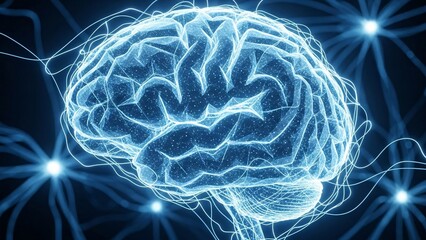 Human Brain with Glowing Neural Network Connections Representing Thought and Intelligence.