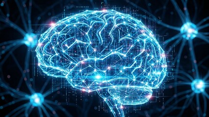 Digital Brain with Glowing Neurons and Neural Network Connections.