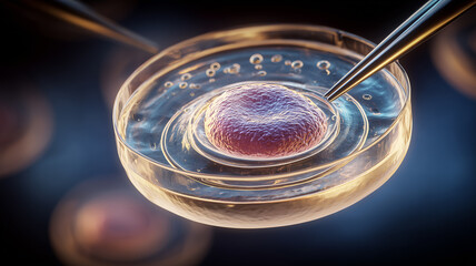 A cell manipulated with precision tools symbolizing biotechnology research, regenerative development and conceptual biological innovation.
