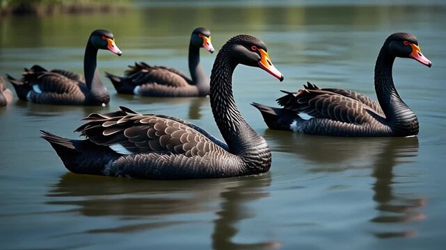 Group of black swans swimming gracefully, mp4 video. AI