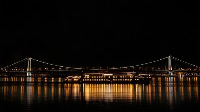 A large cruise ship sails under a brightly lit suspension bridge at night with reflections on the water