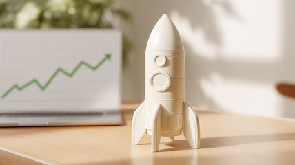 A business growth concept depicted with a small rocket on a desk symbolizing rising performance and strategic progress.

