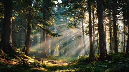 Sunlight streams through dense evergreen trees creating visible rays across the forest floor