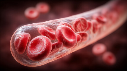 A dynamic representation of red blood cells flowing through a biological vessel illustrating circulation and vital human physiology.
