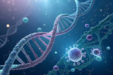 Abstract scientific view of dna strands and virus particles in a microscopic blue-lit environment
