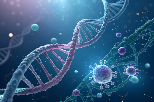 Abstract scientific view of dna strands and virus particles in a microscopic blue-lit environment - Powered by Adobe