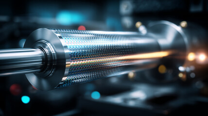 A metallic industrial roller in motion illustrating advanced manufacturing processes and high precision production technology.
