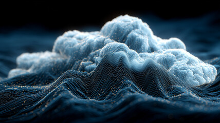 A cloud computing landscape concept shown as digital waves supporting a floating cloud symbolizing data flow, innovation and advanced processing.