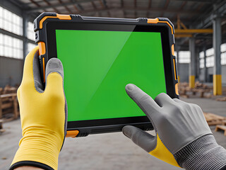 A Gloved Hand Holding a Blank Industrial Tablet Mockup