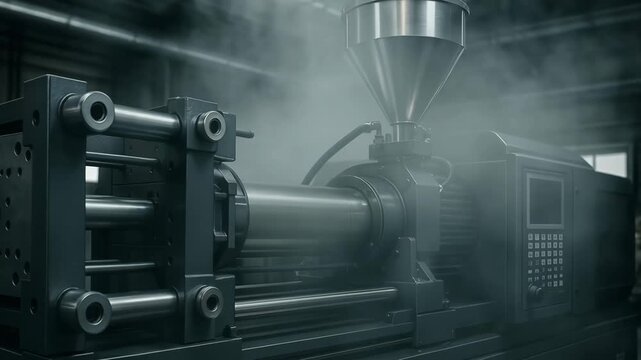 A modern industrial injection molding machine with a large metal cylinder and hopper, shrouded in mist or steam within a factory setting, symbolizing plastic manufacturing, automation, heavy industry,