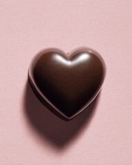 Single heart-shaped chocolate on a pastel pink background, expressing simplicity, sweetness, and romance.