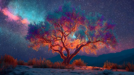Ancient solitary tree glows vibrantly beneath a deeply colored, star-filled night sky