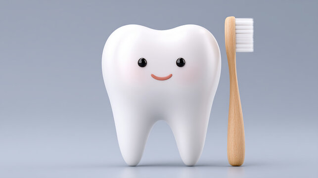 A cheerful cartoon tooth with a smile stands next to a wooden toothbrush, emphasizing dental hygiene in a playful manner on a soft background. - Powered by Adobe