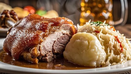 A mouthwatering closeup shot of a traditional German roasted pork knuckle also known as Schweinshaxe served with a generous portion of tangy sauerkraut and a soft potato dumpling all drenched in rich.