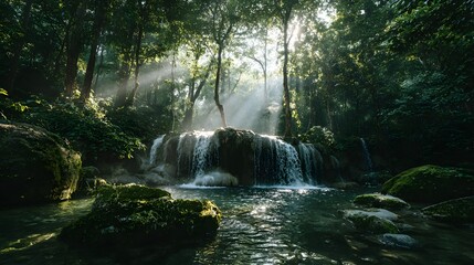 Fototapeta premium Sunlight beams illuminate a cascade flowing into a clear pool surrounded by dense foliage.