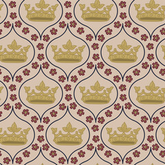 An Academic Design of Golden Crowns Surrounded by an Ogee Shape of Deep Burgundy Flowers Creating a Seamless Pattern Print