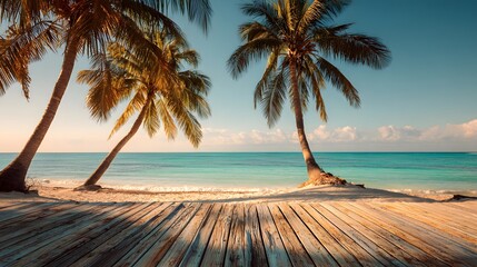 Wooden boardwalk extends toward a tranquil tropical shoreline framed by tall palm trees under a bright sky.