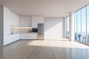 Modern kitchen with city view and sunlight streams through large windows.