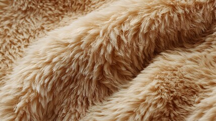 Closeup of thick beige synthetic plush fabric texture showing deep folds and soft pile
