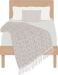 Comfortable Bed with Wooden Headboard and Grey Knit Blanket