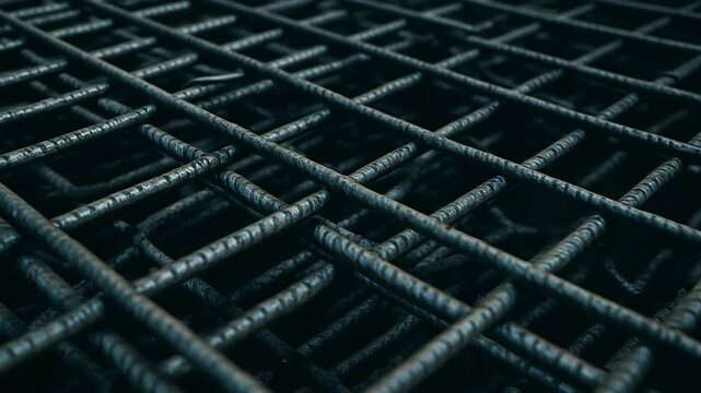 A dark, tight, close-up pattern of interlocking steel reinforcing bars (rebar) forming a mesh or grid, symbolizing heavy construction, structural engineering, raw materials, foundation strength, and i